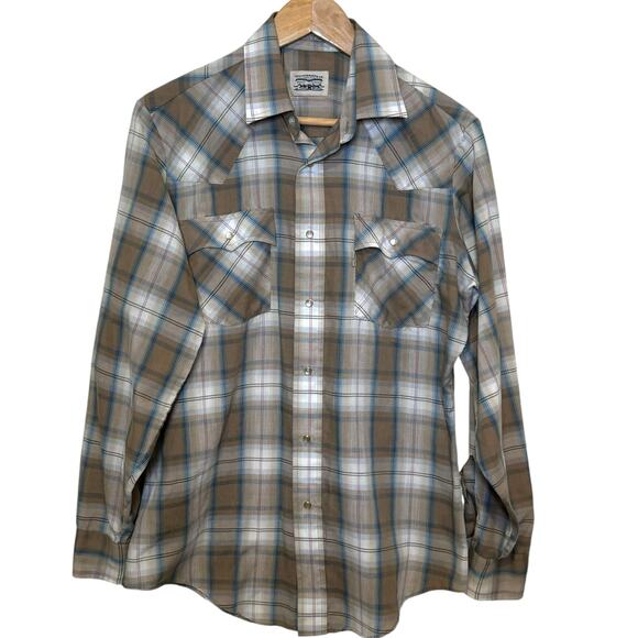 Vintage Size Medium Levi's Levi Strauss & Co Pearl Snap Brown Plaid Shirt Korea - Picture 1 of 9